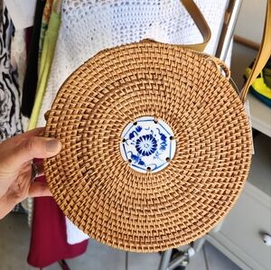 Large Rattan Round Bohemian Purse Crossbody Porcelain Detail Summer Vacation